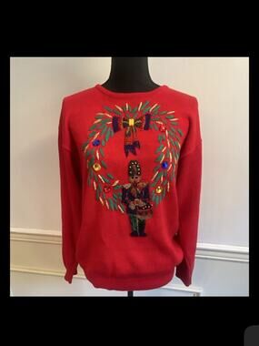 Vintage 90s Lindsey Blake Nutcracker Wreath Holiday Christmas Sweater Red Beaded
